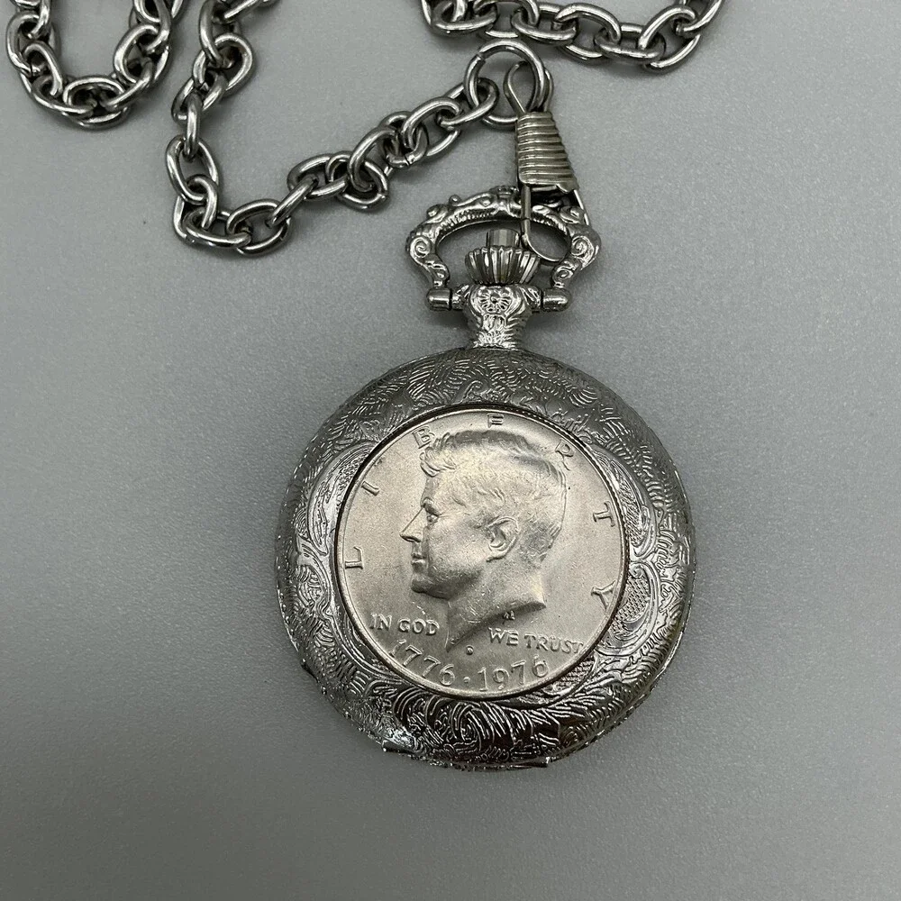 Bicentennial JFK Half-Dollar Pocket Watch Men 47mm Silver Tone Chain New Battery